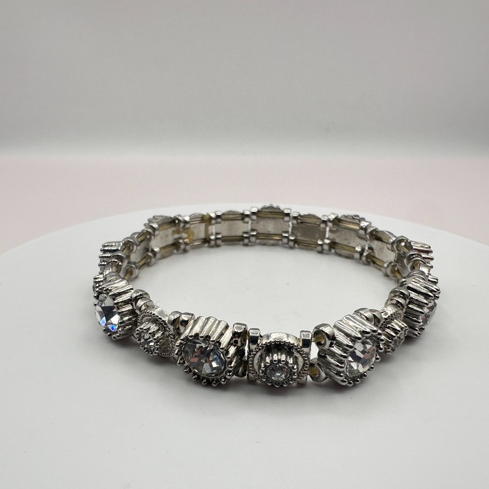 Vintage 90s Silver Tone Round Clear Glass Stretch Bracelet Fashion Jewelry
